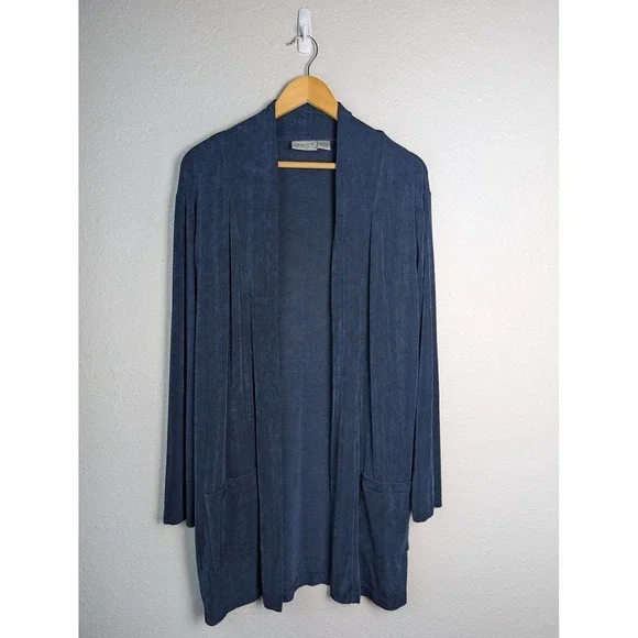 Chico's Cardigan Womens M Blue Open Pocket Collared Tight-Knit Relaxed Fit - Picture 1 of 5